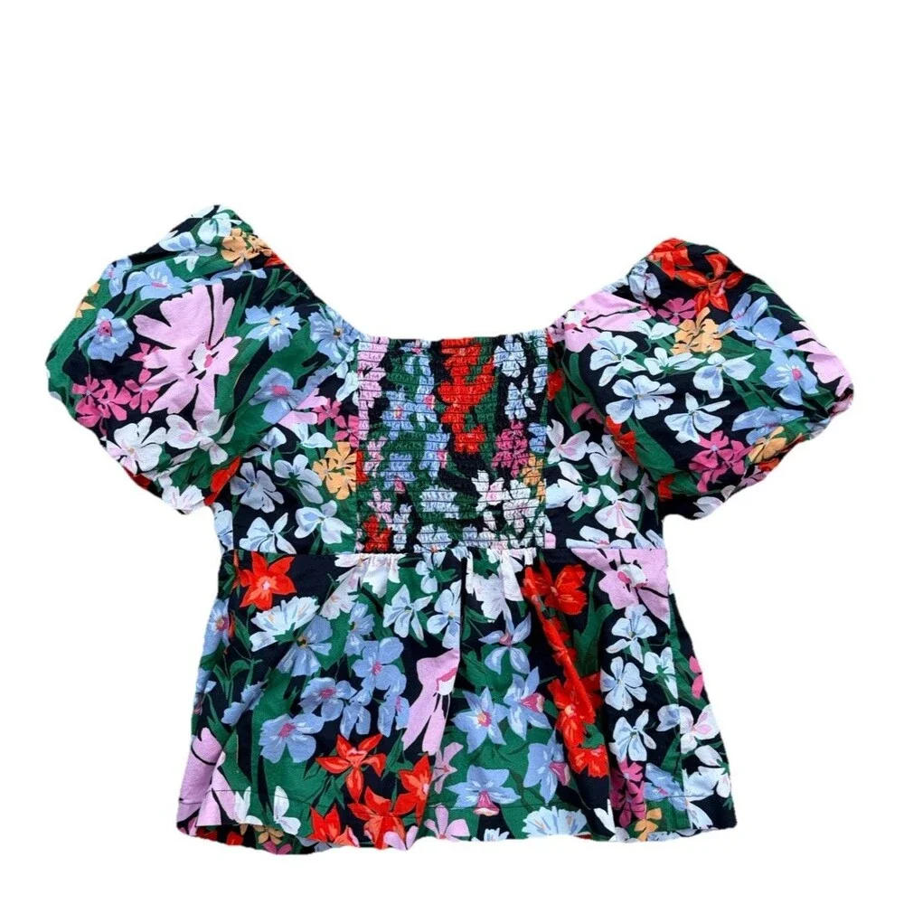 Old Navy Waist Defined V Neck Top Womens M Multi Ditsy Floral Smocked Back